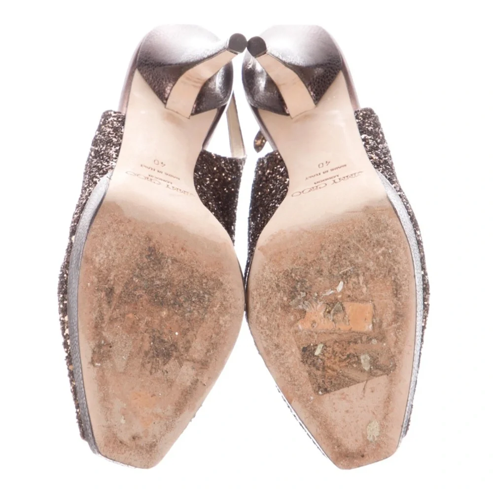JIMMY CHOO Chocolate Glitter Peep Toe Slingback Heels